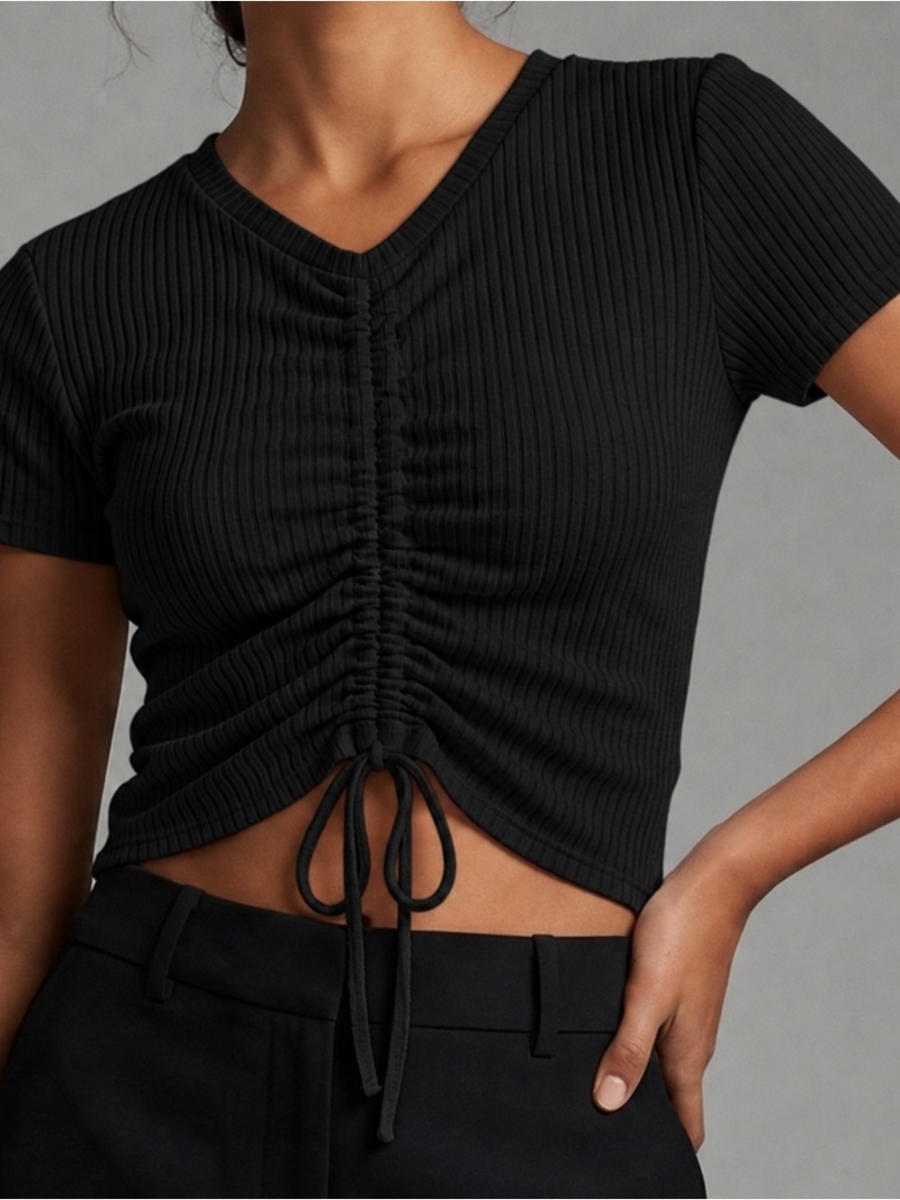 Reformation Jeans Ribbed V-Neck CropTop Black Size Large